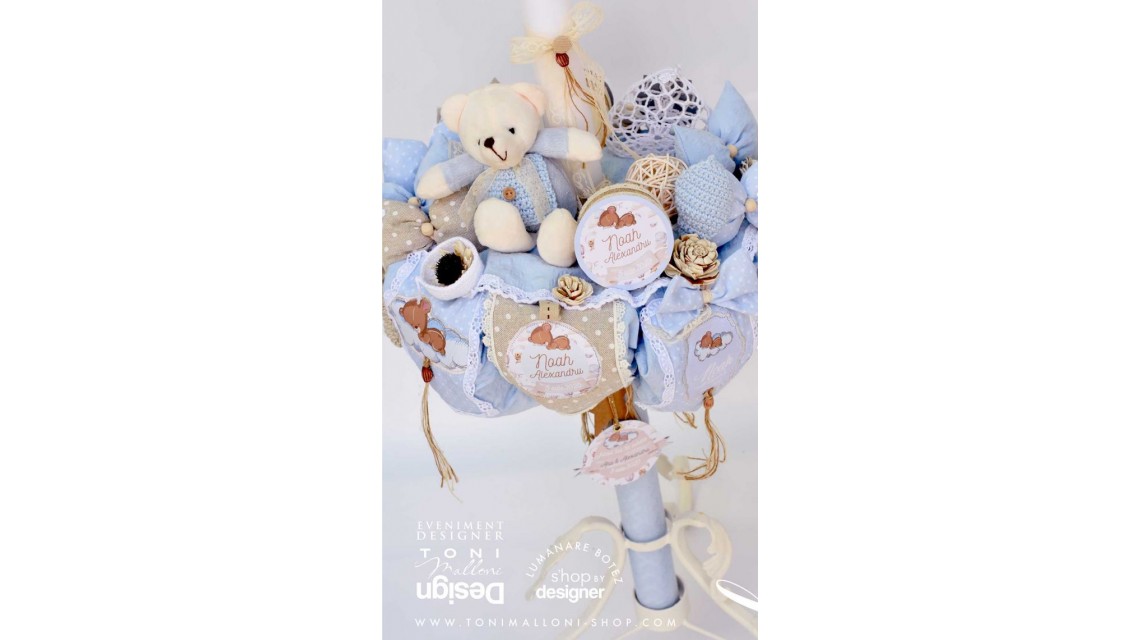 Lumanare de botez cu ursulet de plus,baloane de aer cald si norisori Air Blue Balloon Teddy Bear 4